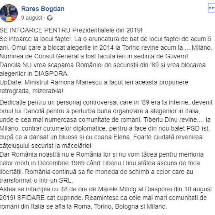 La judecată cu Guvernul Dăncilă: Fostul consul general la Milano REFUZĂ să îi lase funcția „omului care a BLOCAT ALEGERILE în 2014“
