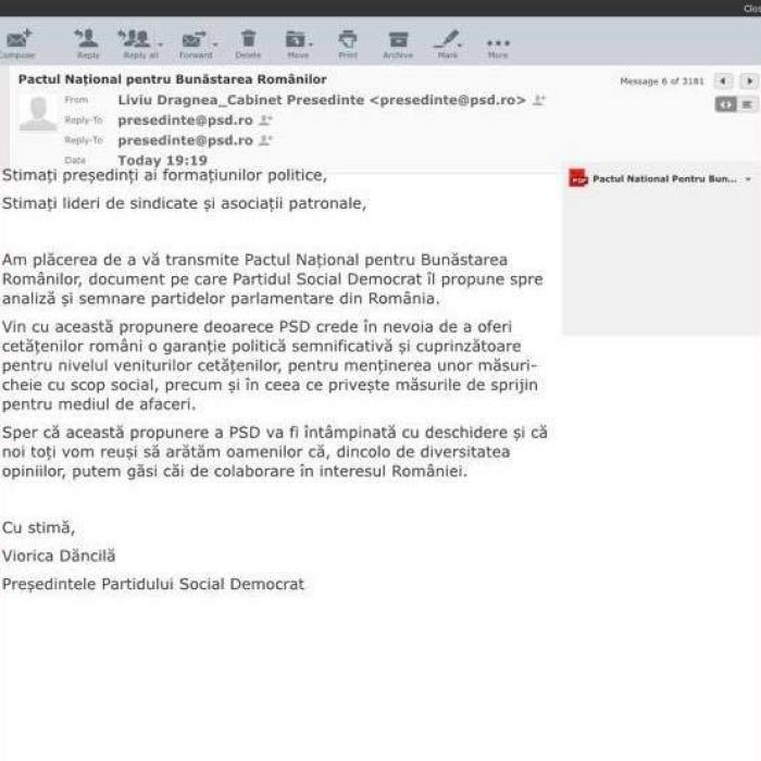 Ponta: Dăncilă trimite mail-uri de pe adresa lui Dragnea - FOTO cu mesajul trimis de Dăncilă