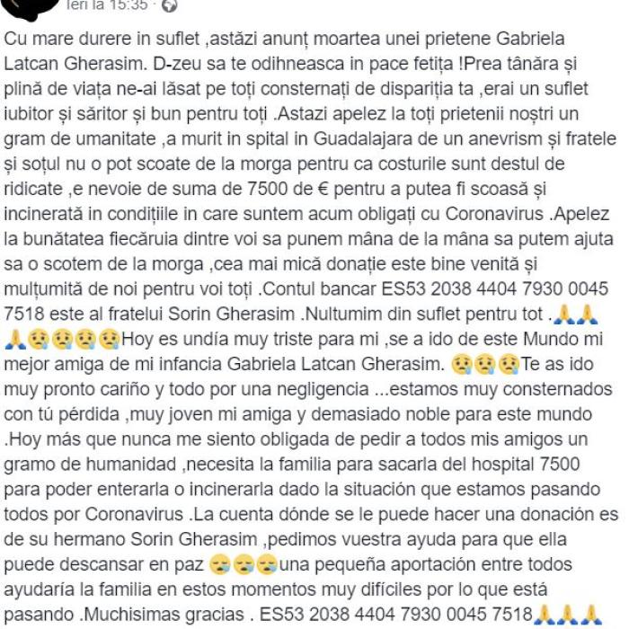 Spania. Tânără româncă răpusă de un anevrism. Familia Gabrielei, strigăt disperat pentru a-i aduce în România măcar cenușa
