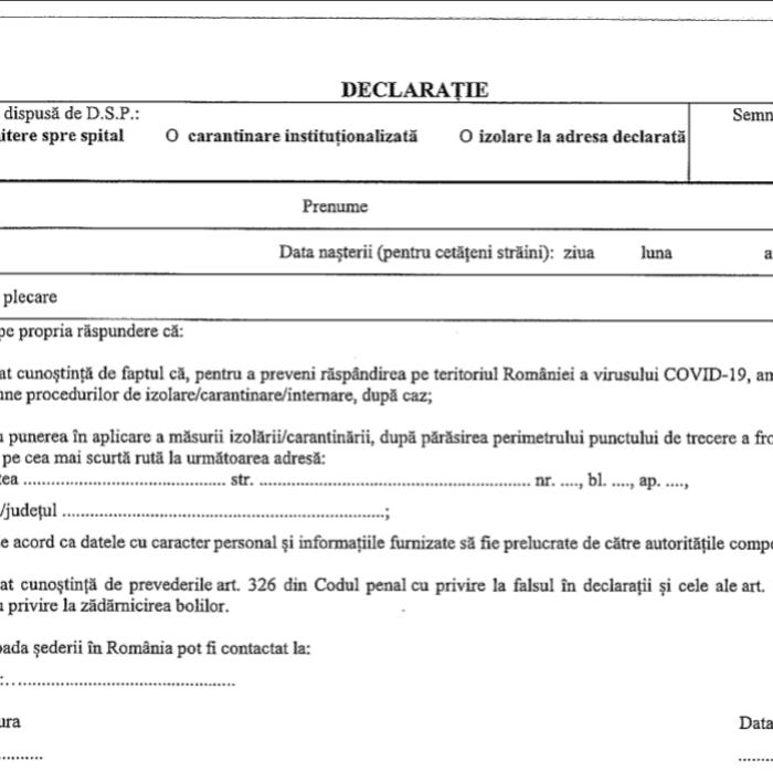 DOCUMENT. NOUA declarație pe proprie răspundere. Toți cei care intră în țară trebuie s-o completeze