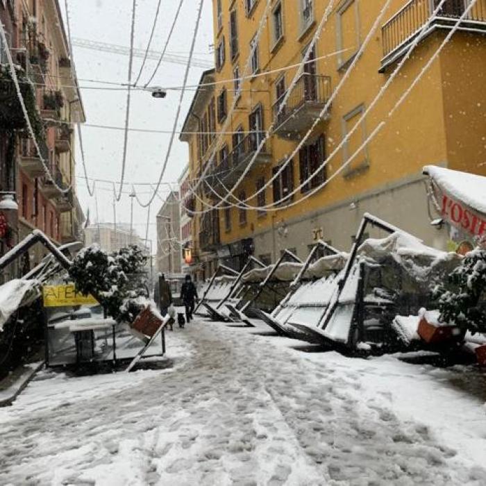 Italia. Haos după ninsorile din Milano: linii de tramvai blocate, copaci căzuți și trafic de coşmar. O femeie rănită de un pilon căzut