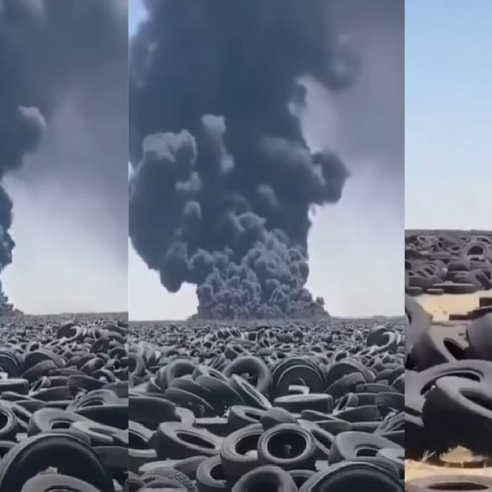 Catastrofă ecologică. A șaptea zi arde cel mai mare depozit de anvelope uzate din lume, din Kuweit. Fumul se poate vedea din spaţiu
