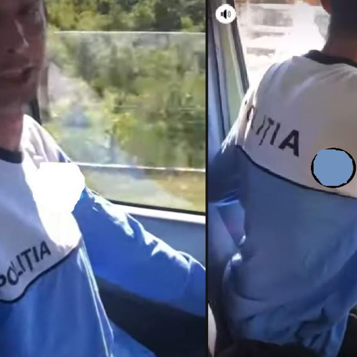 Într-un tricou cu însemnele Poliţiei, un tânăr, cu berea în față, se laudă șoferului: ”Nu te opreşte nimeni cu Poliţia în cabină”