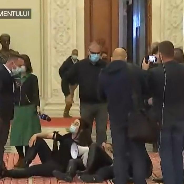 Protest inedit în Parlament: Protestatari, trântiți pe podea, lângă politicieni