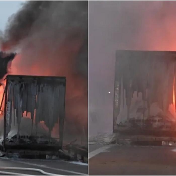 Germania. Clipe de coșmar pentru un șofer român de TIR: Camionul i-a luat foc. Incendiu de proporții pe autostradă