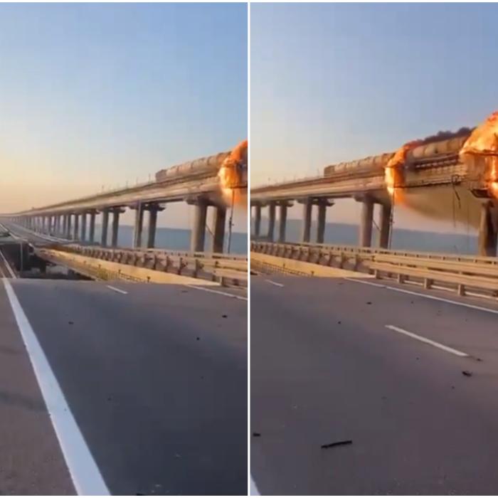 Podul Kerci din Crimeea e în flăcări. O secțiune de pod s-a prăbușit în apă - VIDEO