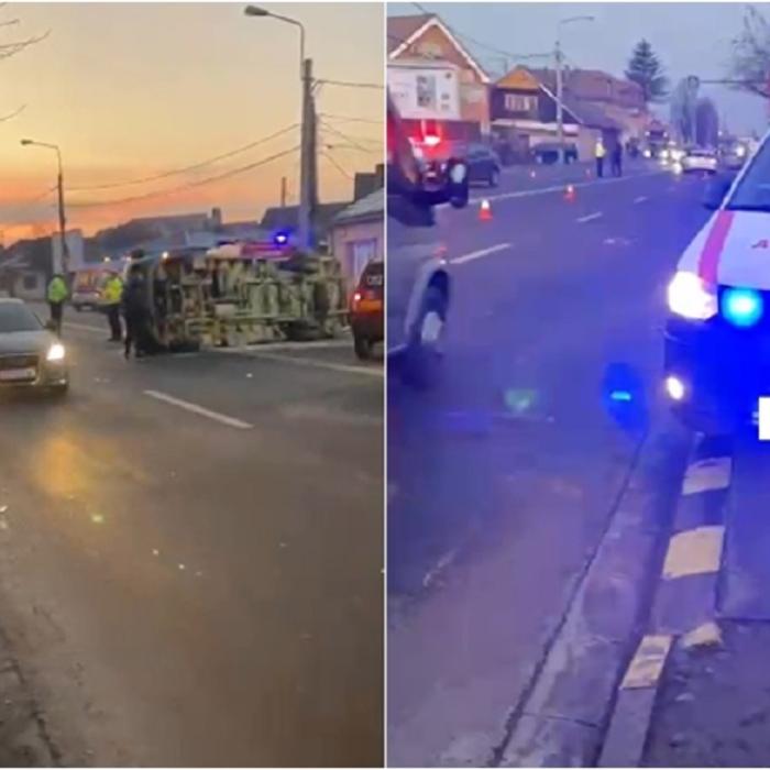 Un microbuz cu români s-a răsturnat pe mijlocul drumului după impactul cu alte două mașini: 19 victime