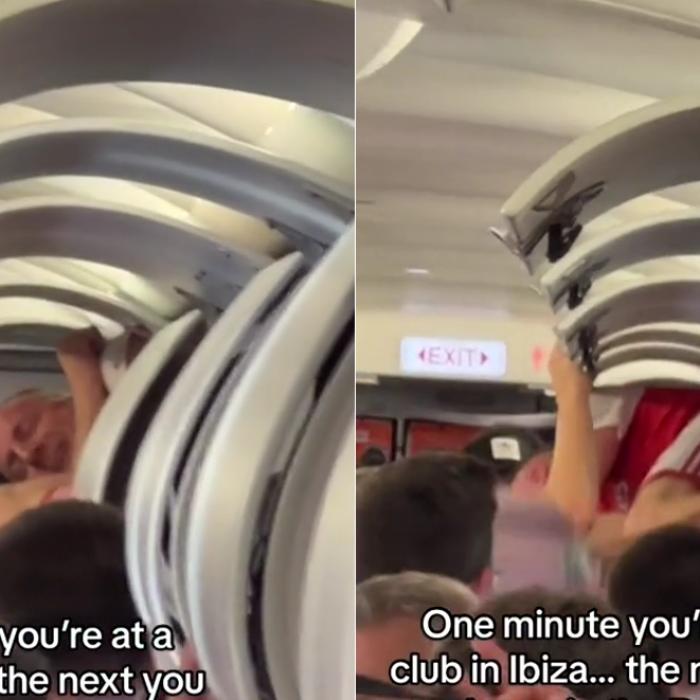 Un viitor mire care a chefuit mult la petrecerea burlacilor în Ibiza s-a trezit în compartimentul de bagaje de deasupra capului în avion - VIDEO