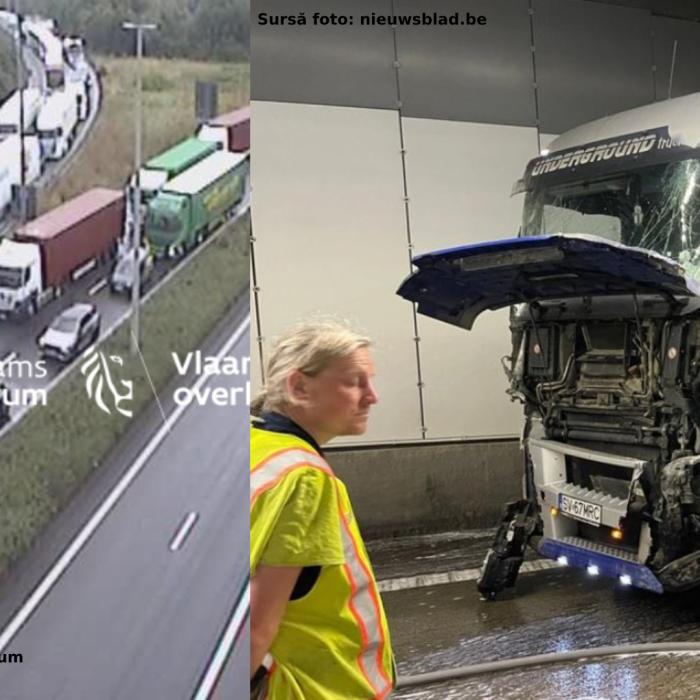 Belgia. Un șofer român a pierdut controlul volanului într-un tunel și s-a izbit de perete. Bărbatul a rămas blocat în tir / FOTO