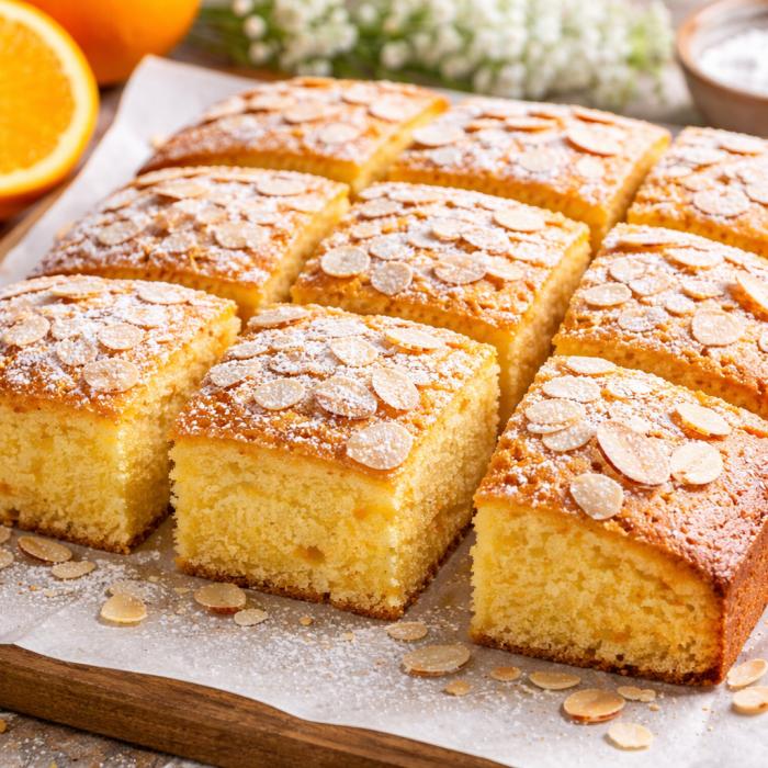 Prăjitură pufoasă cu portocală și migdale - rețeta simplă care umple casa de aromă