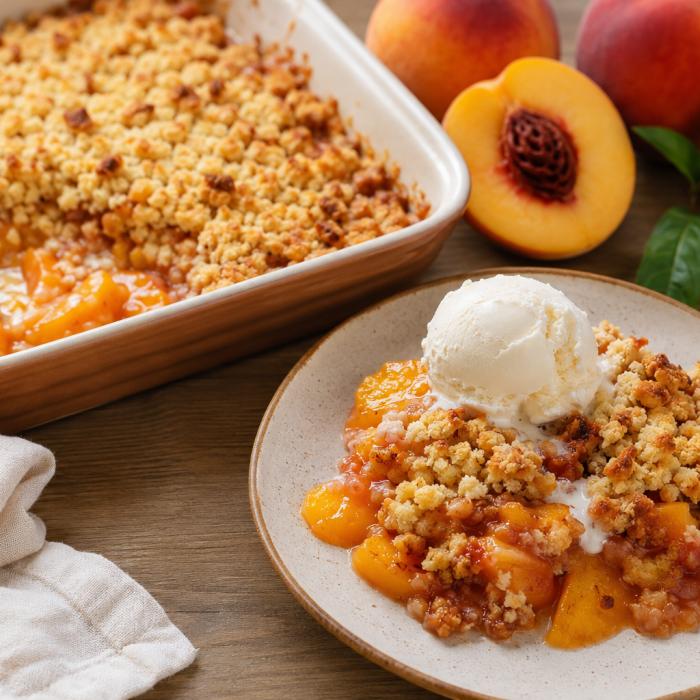 Crumble cu piersici și înghețată de vanilie. Desertul verii care te cucerește de la prima lingură