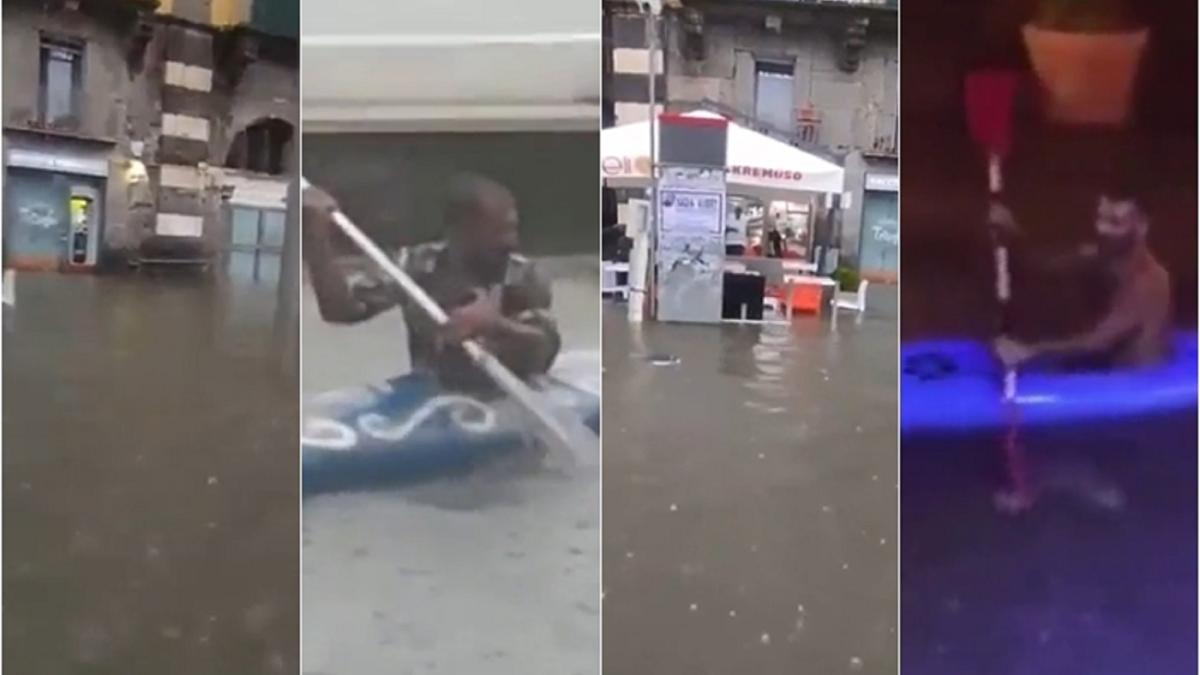 italia--o-bomba-cu-apa-a-lovit-regiunea-campania--strazi-inundate--oameni-blocati-si-noi-mijloace-de-transport-pe-strazi-canoea