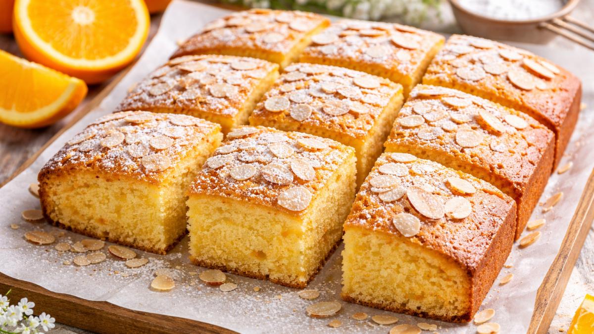 Prăjitură pufoasă cu portocală și migdale - rețeta simplă care umple casa de aromă