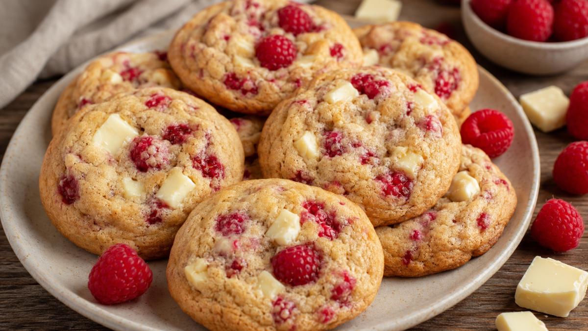Cookies cu ciocolată albă și zmeură proaspătă / Sursă: Imagine generată cu AI