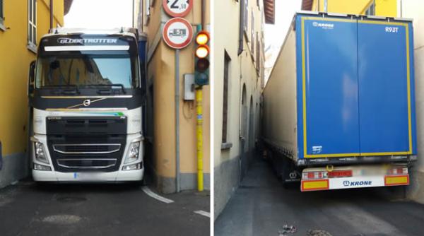 Italia. A calculat GREȘIT. Un român a rămas blocat cu TIR-ul pe o straduță din Magnano