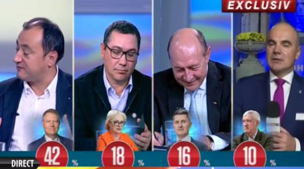 SCANDAL, în direct, la Romania TV. Băsescu către un invitat: „Nu puteați rezista mai mult de 50 minute fără să deveniți PORC”