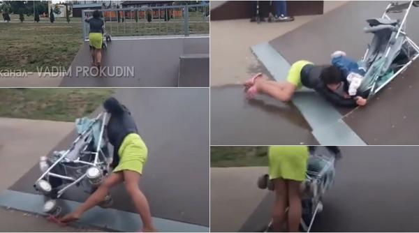 Incident șocant: O mamă si-a scăpat bebelușul pe jos după ce a început să-l dea pe rampele de skateboard (VIDEO)