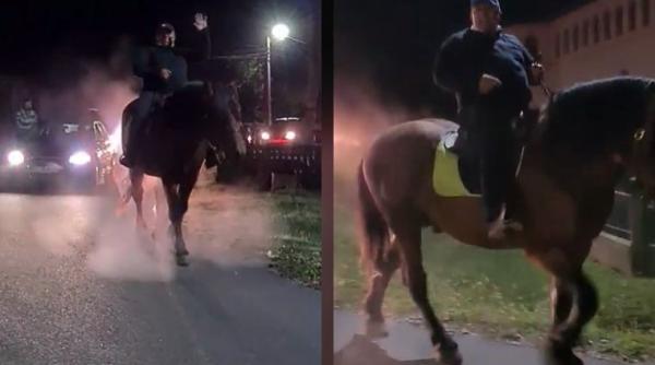 Victoria la alegerile locale, sărbătorită călare pe un cal, pe ulițele unei comune din Gorj