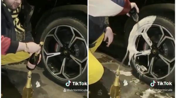 VIDEO. Jurnaliștii francezi, șocați de imaginile cu un român care își spală roțile de la Lamborghini cu șampanie Moet