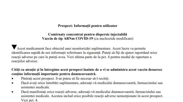 Prospectul vaccinului Pfizer, administrat de astăzi românilor - DESCARCĂ de aici documentul în limba română 