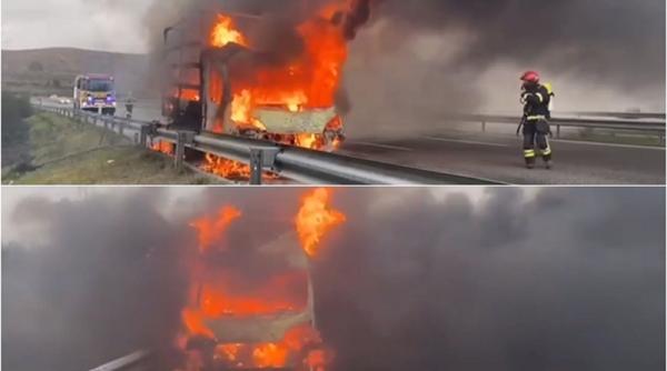 Spania. Camionul unui șofer român a luat foc pe o autostradă. Imagini de la fața locului (VIDEO)
