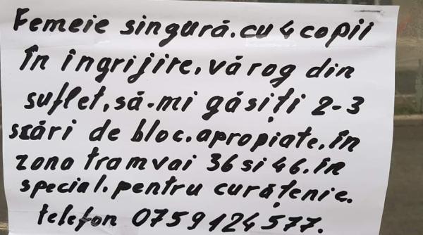 Anunțul care a emoționat România. O femeie disperată, cu 4 copii: "Vă rog, găsiți-mi scări de bloc pentru curățenie"