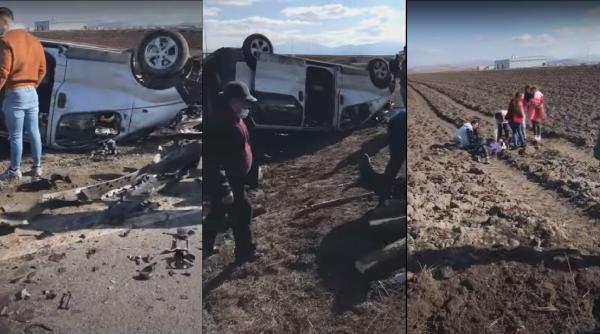 Microbuz cu 10 români, între care 5 copii mici, ciocnire violentă cu un autoturism (VIDEO)