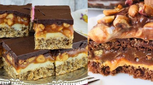 Prăjitura Snickers, făcută în casă. Rețeta unui super desert cu nucă și caramel 