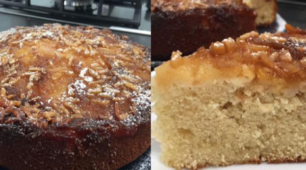 Prăjitură răsturnată cu piersici și migdale. Rețeta unui desert  delicios, pe care neapărat trebuie să-l încercați