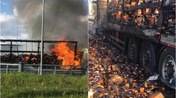 Italia. Un TIR românesc plin cu vin spumant s-a făcut scrum pe autostradă. Pagube uriașe