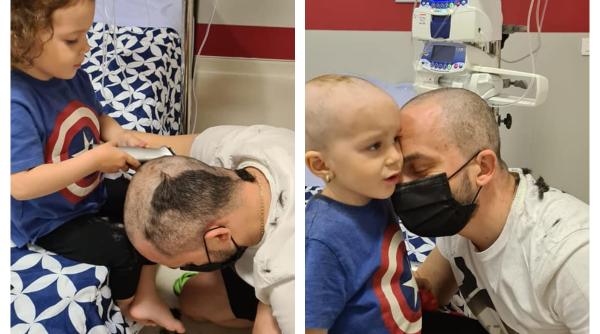 O fetiță de trei ani cu tumoare are nevoie de ajutor. Tatăl s-a lăsat tuns de fetiță ca să-i aline suferința tăierii părului