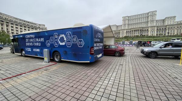 Primul centru de vaccinare drive-through din București s-a deschis. Zeci de mașini la coadă