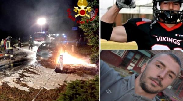 Italia. Imagini terifiate cu mașina în flăcări în care a murit Valentin: Tânărul sportiv român, mort la doar 23 de ani