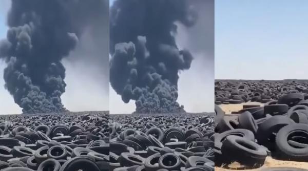 Catastrofă ecologică. A șaptea zi arde cel mai mare depozit de anvelope uzate din lume, din Kuweit. Fumul se poate vedea din spaţiu