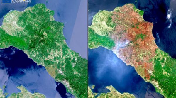 Insula Evia, înainte și după incendii. Imagini incredibile din satelit surprind proporțiile dezastrului - FOTO