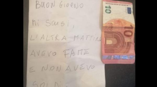 Povestea unui hoț impresionează Italia. A furat de foame, apoi a lăsat un bilet și 10 euro: "Îmi cer scuze, n-aveam bani ieri!"