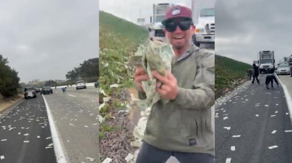 A plouat cu bancnote pe o autostradă. Oamenii au blocat traficul, pentru a aduna banii care cădeau din cer