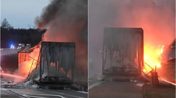 Germania. Clipe de coșmar pentru un șofer român de TIR: Camionul i-a luat foc. Incendiu de proporții pe autostradă