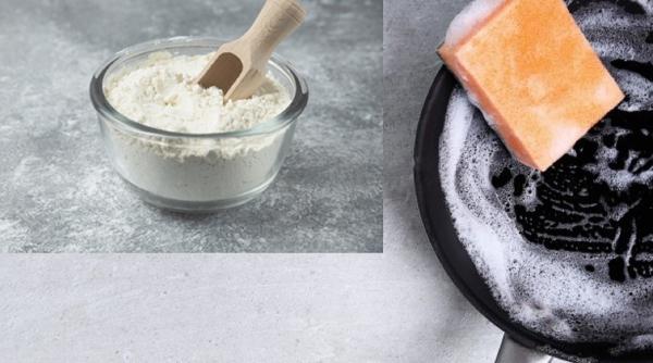 Trucul genial cu făină pentru a curăța tigăile ca să arate ca noi. Trebuie să-l încerci!