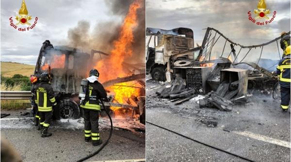 Clipe de groază trăite de un șofer român de TIR în Italia: Camionul plin cu baterii a luat foc - FOTO