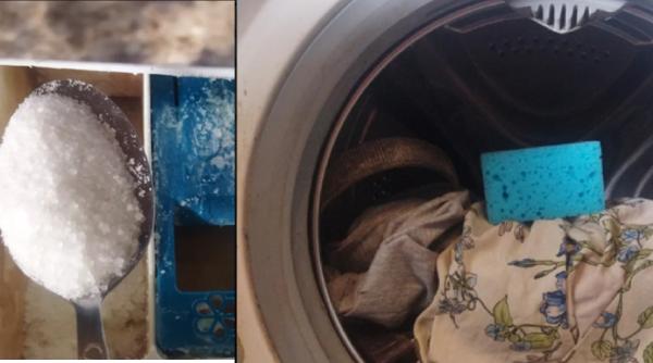 Pune un burete de vase și sare în mașina de spălat rufe. Trucul neașteptat care te scapă de probleme pe care nu știai că le ai