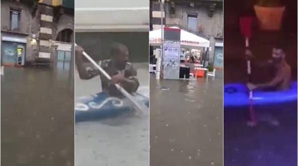 Italia. O „bombă cu apă” a lovit regiunea Campania. Străzi inundate, oameni blocați și noi mijloace de transport pe străzi: canoea