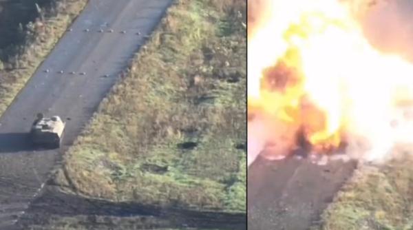 VIDEO - Filmare inexplicabilă cu un blindat rusesc ce intră direct într-un șir de mine, deși erau perfect vizibile