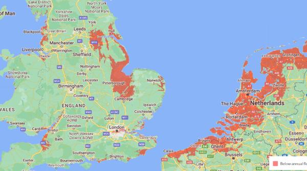 Harta roșie a țărilor europene, în pericol să fie înghițite de mare în acest secol. Zeci de orașe riscă să dispară până în 2100 - FOTO