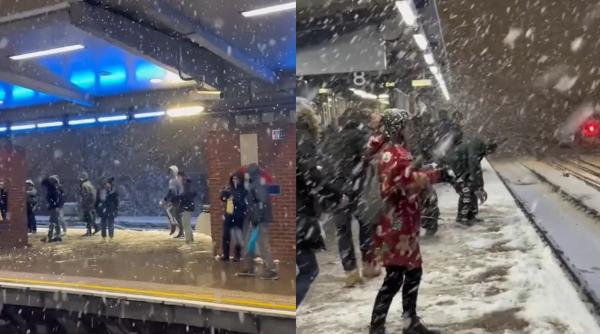 O bătaie masivă cu bulgări de zăpadă a izbucnit într-o gară din Londra, în timp ce trenurile au întârziere