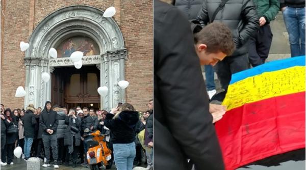 Italia. Adolescent român, condus pe ultimul drum: Comunitatea românească și-a luat rămas bun de la Alin și au scris mesaje pe steagul României, așezat pe capota mașinii