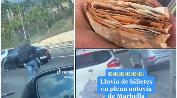 A plouat cu bani pe o autostradă din Spania. Șoferii au oprit pe mijlocul străzii și au adunat bancnotele de 50 de euro - VIDEO