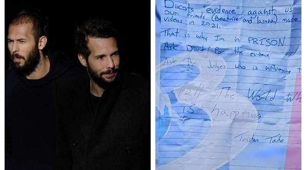 Tristan Tate a strecurat un bilețel scris de mână unei jurnaliste. Iată ce scrie în el 