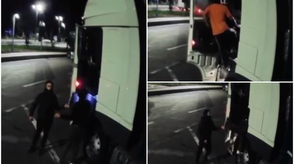 Momentul în care un șofer român se trezește cu hoții în cabina TIR-ului. "Noroc că nu l-au gazat!" - VIDEO