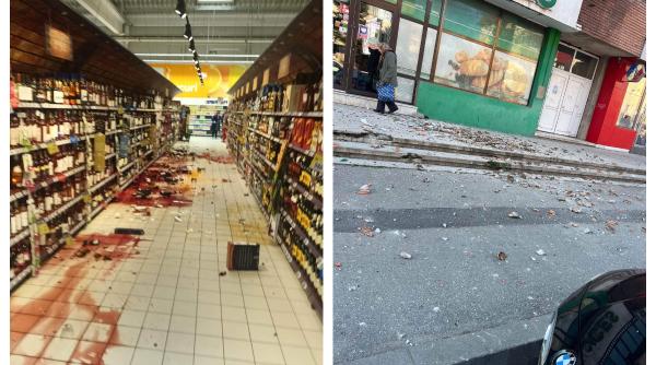 Rafturile magazinelor din Târgiu-Jiu, dărâmate după cutremur. Imagini incredibile